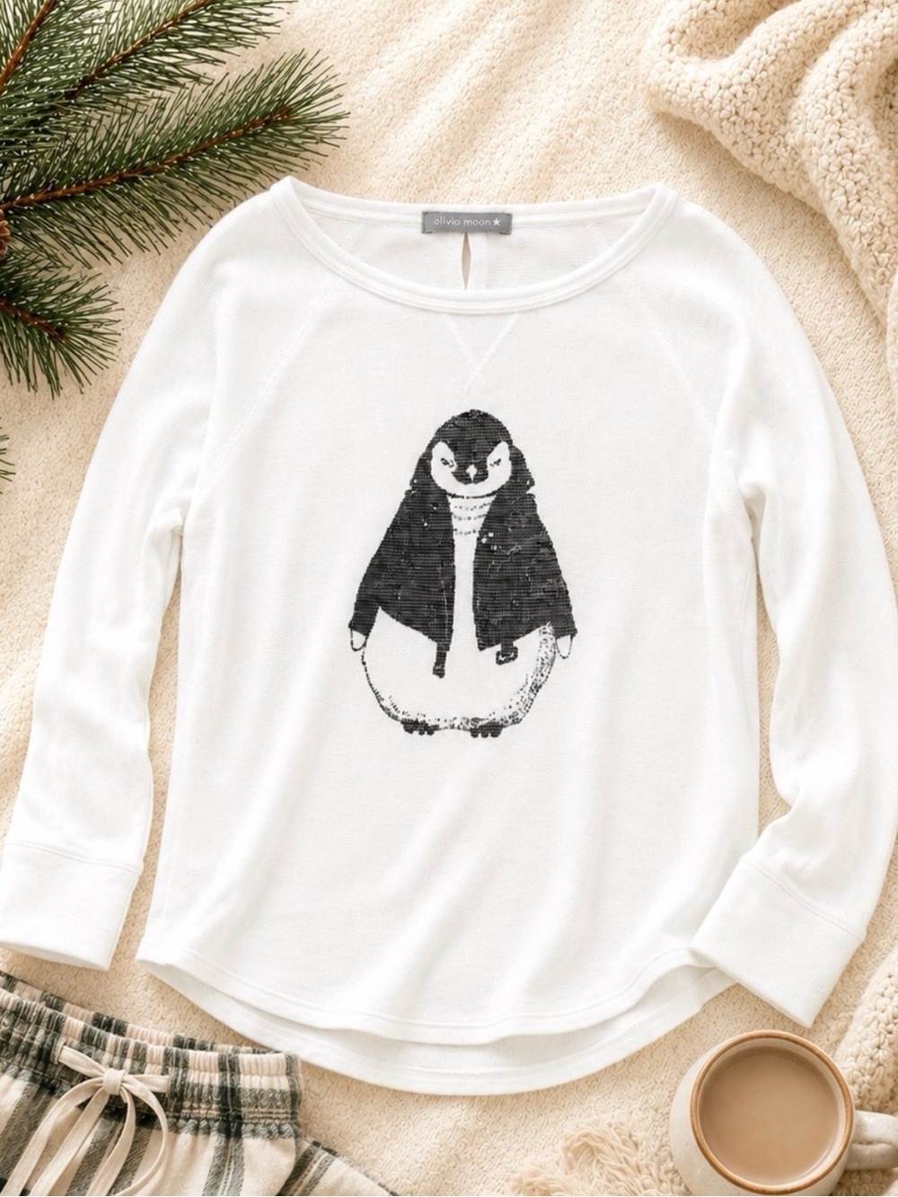American Eagle Thermal Penguin Waffle Knit Ivory Long Sleeve Top Large